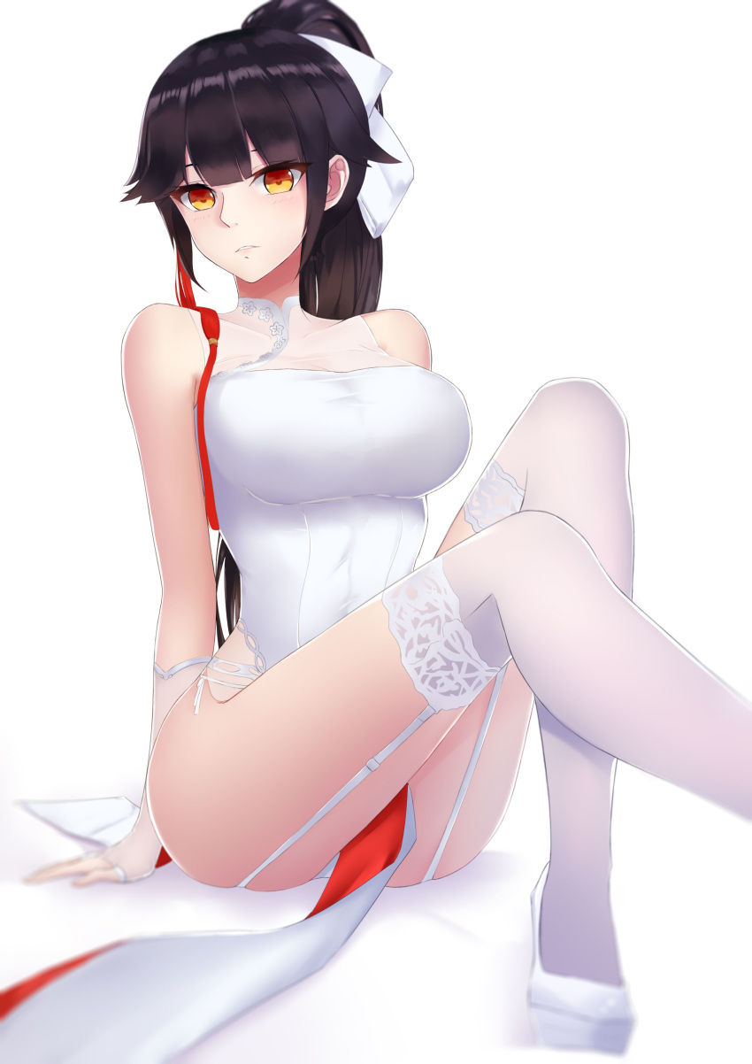 1girl absurdres arm_support ass azur_lane bangs bare_shoulders black_hair bow breasts china_dress chinese_clothes dress fingerless_gloves flower garter_straps gloves hair_bow hair_flower hair_ornament heart heart-shaped_pupils high_heels highres large_breasts leg_up liangfen232 long_hair looking_at_viewer panties pantyshot pantyshot_(sitting) parted_lips pelvic_curtain ponytail see-through shiny shiny_hair shoes side-tie_panties sitting solo symbol-shaped_pupils takao_(azur_lane) takao_(spring_learning)_(azur_lane) thighhighs thighs underwear very_long_hair white_background white_bow white_dress white_footwear white_legwear white_panties yellow_eyes