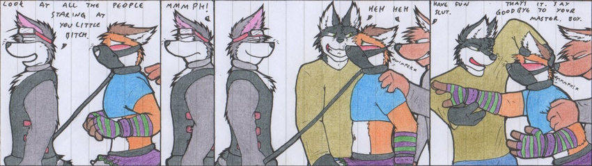 cage canine cock_cage collar comic crossdressing cuffs darren domination dress embarrassed forced fox gag gay girly green_eyes halo halowolf humiliation invalid_color lead leash male mammal master muzzle_(object) muzzled penis public red_fox ren shy slave sound submissive wolf wolfoxx