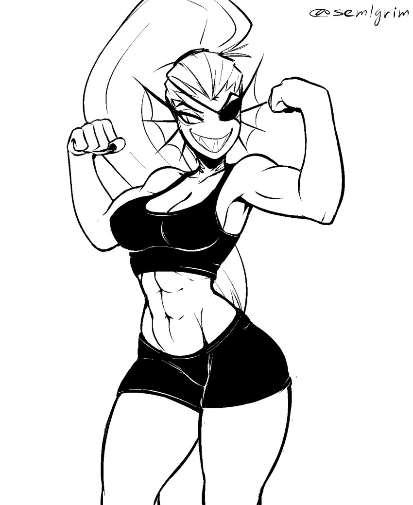 2018 abs anthro black_and_white breasts cleavage clothed clothing crop_top ear_frills eye_patch eyewear female fish flexing frill gills hair invalid_tag long_hair looking_down marine midriff monochrome muscular muscular_female navel pinup ponytail pose sem-l-grim sharp_teeth shirt shorts slit_pupils smile solo standing teeth undertale undyne video_games