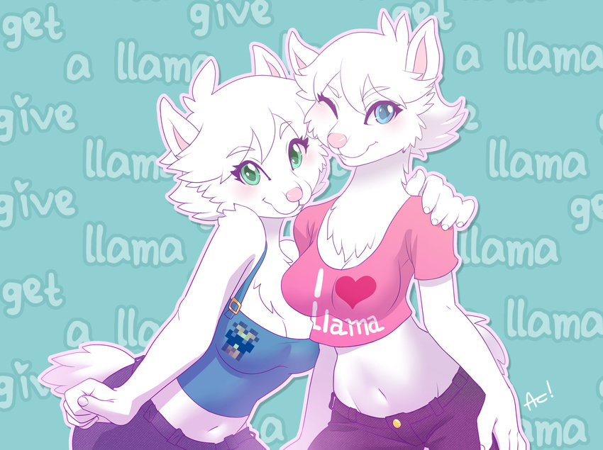 absurd_res alanscampos blue_eyes blush breasts clothing deviantart duo english_text female fur green_eyes hand_on_shoulder hi_res llama one_eye_closed playfurry shirt smile tank_top text white_fur wink
