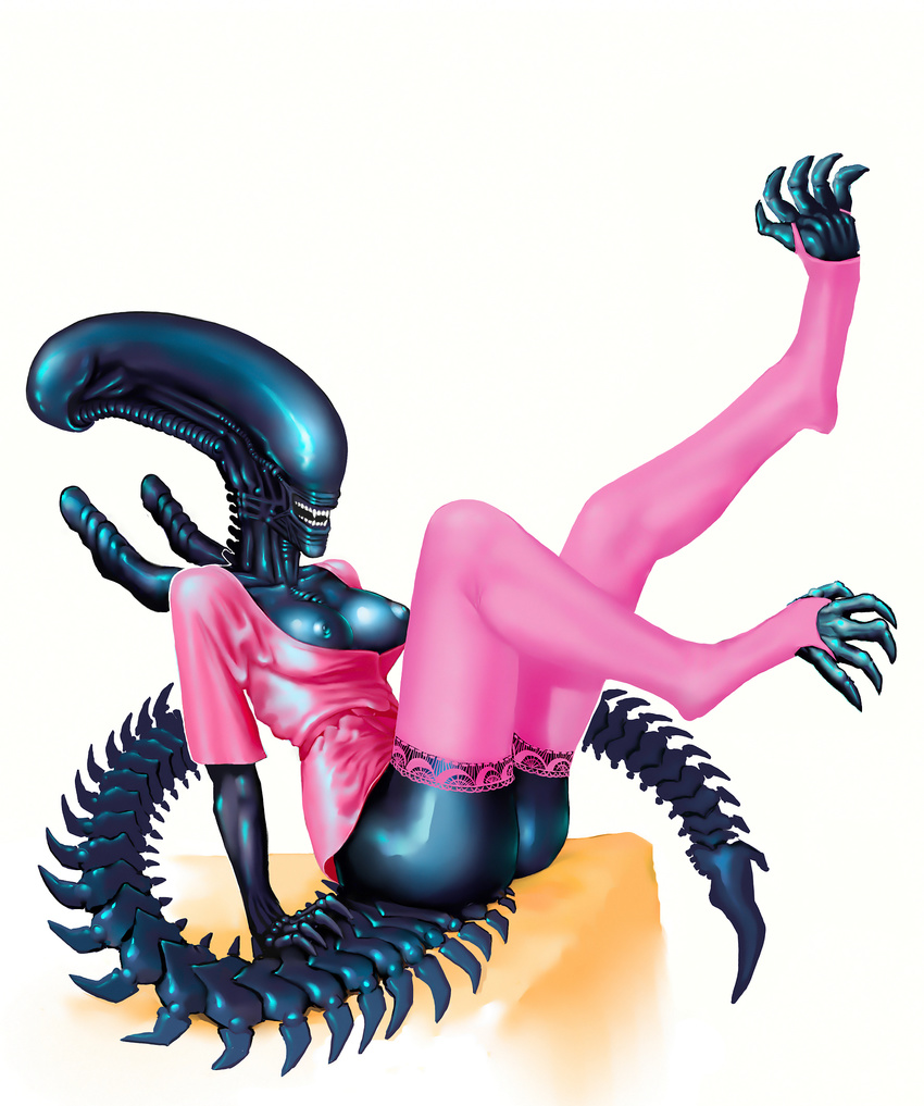 5_toes alien alien_(franchise) anthro belt black_nipples black_skin bottomless breasts claws clothing digitigrade female invalid_color legwear meandraco nipples open_mouth pink_clothes pink_skirt plain_background rubber shiny shirt sitting solo stockings teeth toes vein white_background white_teeth xenomorph