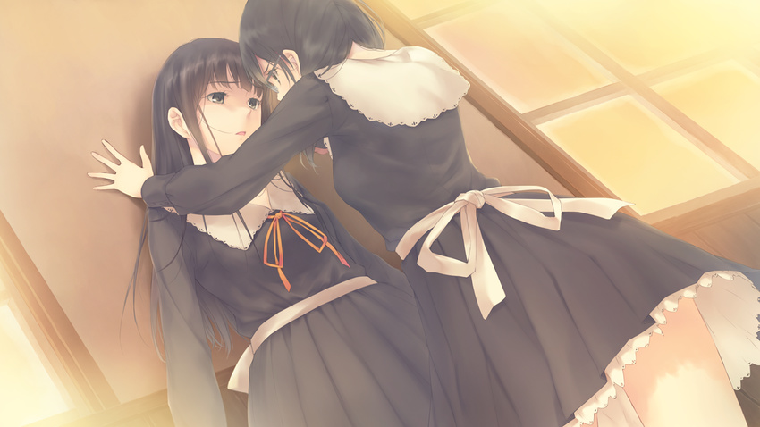 2girls flowers_(game) game_cg hanabishi_rikka innocent_grey ribbons seifuku shirahane_suou sugina_miki