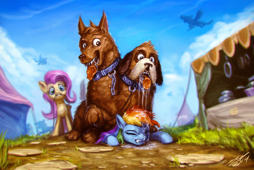 assasinmonkey blue_eyes brown_eyes canine collar dog drooling equine eyes_closed fangs female fluttershy_(mlp) flying friendship_is_magic grass group hair leash male mammal my_little_pony on_top orthros orthros_(mlp) pegasus pink_hair rainbow_dash_(mlp) saliva sharp_teeth teeth tongue tongue_out wings