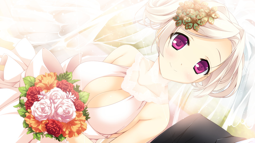 breasts cleavage flowers game_cg kitsuki_riho koisuru_natsu_no_last_resort marui pulltop purple_eyes wedding_attire white_hair