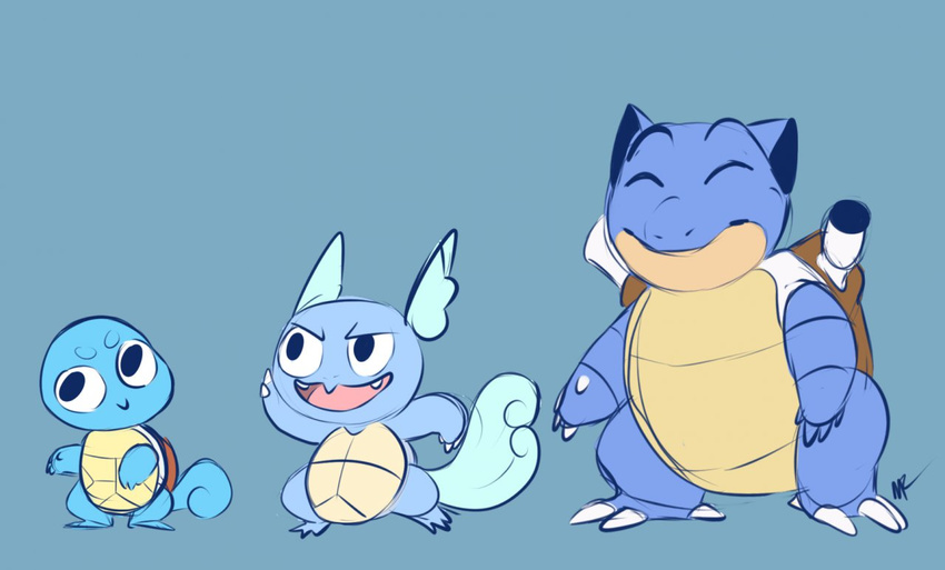 4_fingers ambiguous_gender blastoise blue_background cannons curled_tail cute evolution eyes_closed group melissar1 nintendo plain_background pok&#233;mon pok&eacute;mon scalie shell squirtle starter video_games wartortle water_type