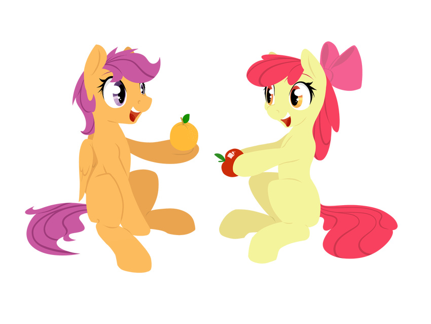 alpha_channel amber_eyes apple apple_bloom_(mlp) bow equine female friendship_is_magic fruit geomancing hair horse mammal my_little_pony pegasus plain_background pony purple_eyes purple_hair red_hair scootaloo_(mlp) sitting trade transparent_background wings