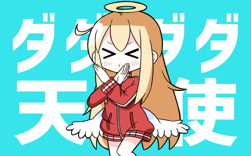 &gt;_&lt; 1girl :&gt; angel_wings background_text bangs blonde_hair blush closed_mouth eyebrows_visible_through_hair eyes_closed facing_viewer gabriel_dropout hair_between_eyes halo hana_kazari highres jacket long_hair long_sleeves low_wings red_jacket solo tenma_gabriel_white track_jacket translation_request v-shaped_eyebrows very_long_hair white_wings wings x_arms