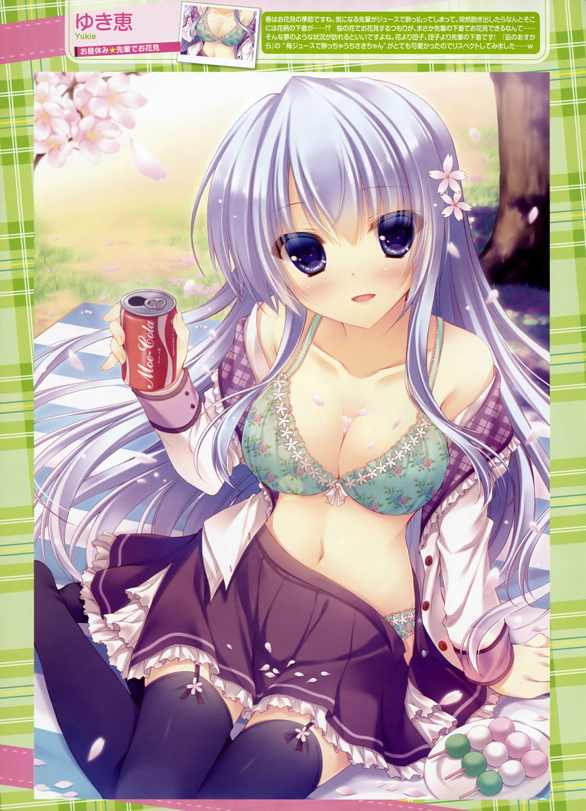 absurdres black_legwear blue_eyes blush bra brand_name_imitation breasts cherry_blossoms cleavage coca-cola collarbone dango drink food frilled_skirt frills hanami highres large_breasts long_hair long_sleeves navel open_clothes open_mouth open_shirt open_skirt original petals picnic scan shirt skirt smile solo stomach thighhighs tree underwear undressing wagashi white_shirt yukie_(peach_candy)