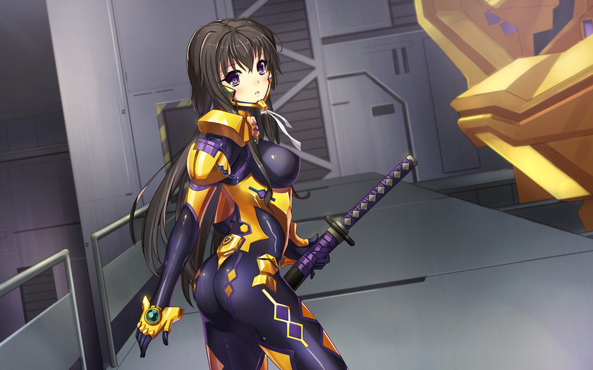 ass black_hair bodysuit breasts highres katana long_hair looking_back medium_breasts muvluv muvluv_alternative muvluv_total_eclipse open_mouth pilot_suit purple_eyes shiny shiny_clothes solo sword takamura_yui twist weapon yongheng_zhi_wu