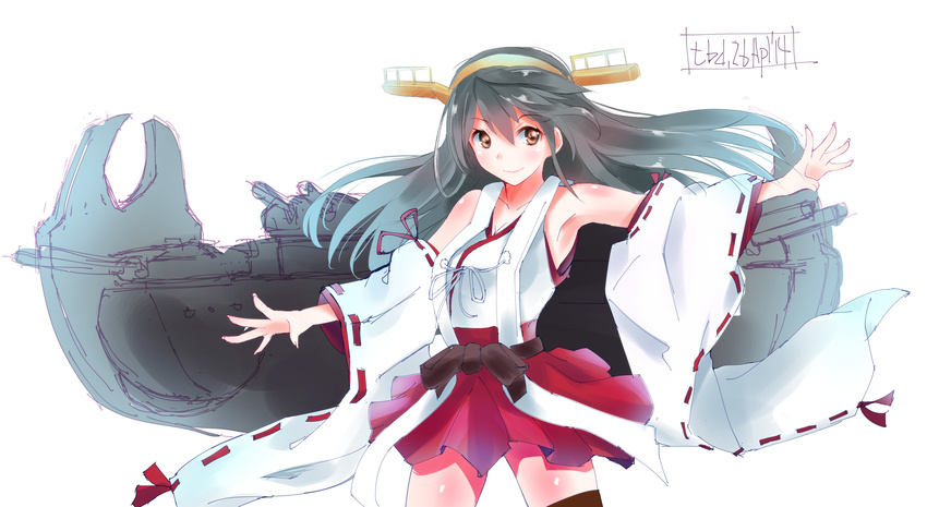 armpits bare_shoulders black_hair blush breasts brown_eyes cannon detached_sleeves hairband haruna_(kantai_collection) headgear highres japanese_clothes kantai_collection lips long_hair medium_breasts nontraditional_miko open_mouth ribbon-trimmed_sleeves ribbon_trim skirt smile solo tebi_(tbd11) turret