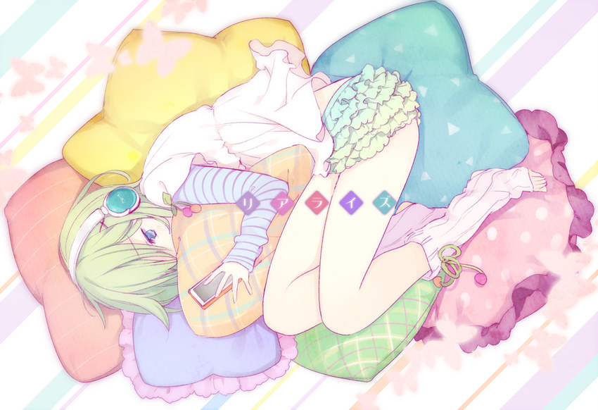 blue_eyes bug butterfly cellphone from_above green_hair gumi hair_over_one_eye headphones hidden_mouth holding holding_phone horiizumi_inko insect long_sleeves loose_socks lying no_pupils no_shoes phone pillow short_hair shorts sleeves_past_wrists smartphone socks solo song_name toeless_legwear vocaloid