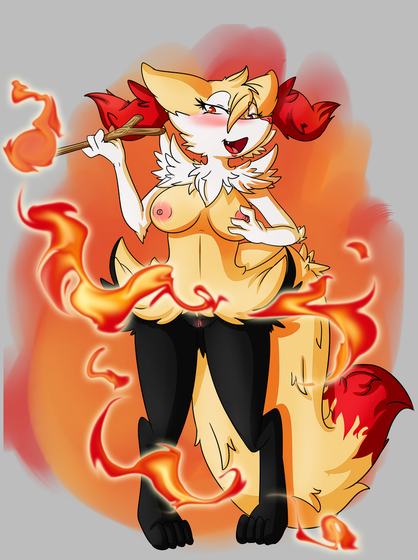 absurd_res anthro areola blush braixen breast_grab breasts canine female fennec fire fox fur hi_res hinata-rabbit looking_at_viewer mammal nintendo nipples open_mouth pok&#233;mon pok&#233;morph pok&eacute;mon pok&eacute;morph pussy red_eyes solo standing stick tongue video_games wood yellow_fur