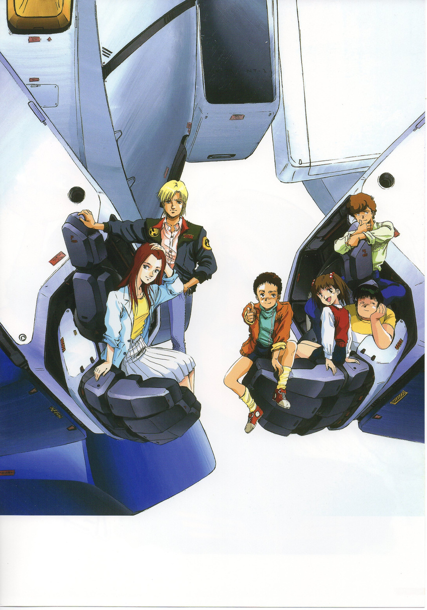 2girls 4boys alfred_izuruha bernard_wiseman black_hair blonde_hair brown_hair charlie_(gundam_0080) chay_(gundam_0080) child christina_mackenzie dorothy_(gundam) gundam gundam_0080 highres long_hair mecha mikimoto_haruhiko multiple_boys multiple_girls official_art red_hair telcott_(gundam_0080) twintails