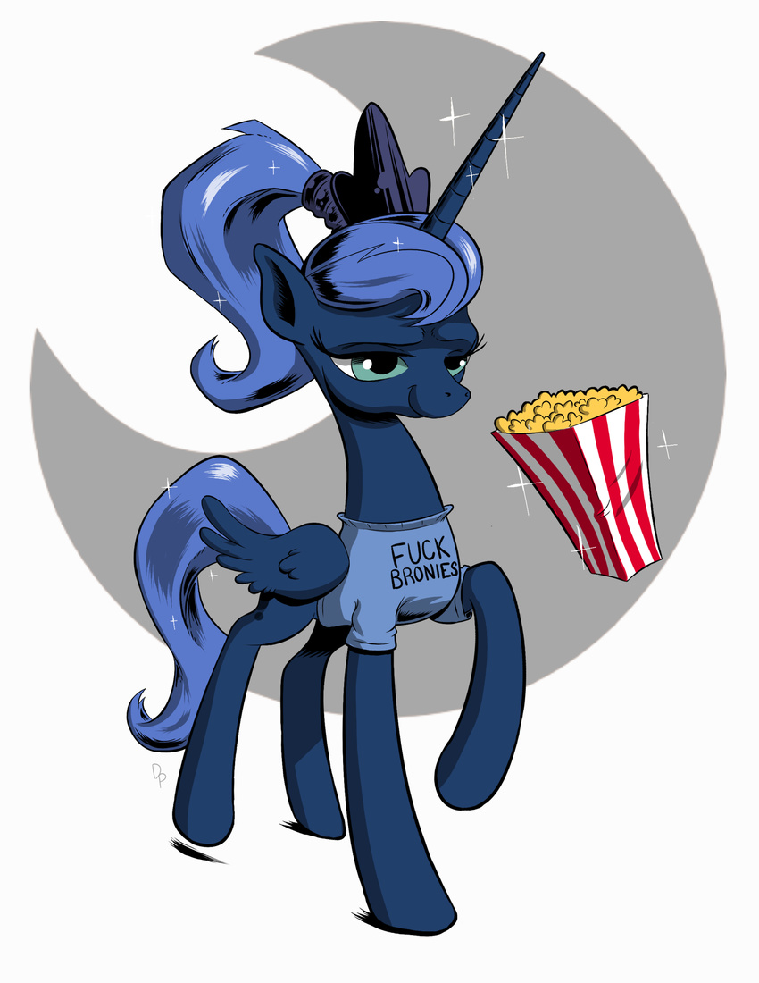 clothing crown english_text equine female feral friendship_is_magic green_eyes hair hairband horn levitation magic mammal my_little_pony popcorn princess_luna_(mlp) raised_leg shaded shirt simple_background smirk solo sparkles text thedrainpipe winged_unicorn wings