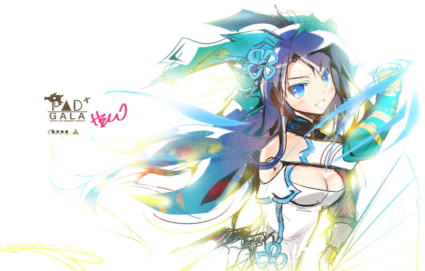 :d blue_eyes breasts china_dress chinese_clothes cleavage dragon_girl dress fan grin heco_(mama) holding holding_sword holding_weapon karin_(p&amp;d) long_hair medium_breasts open_mouth puzzle_&amp;_dragons simple_background sleeveless sleeveless_dress smile sword teeth upper_body weapon white_background white_dress