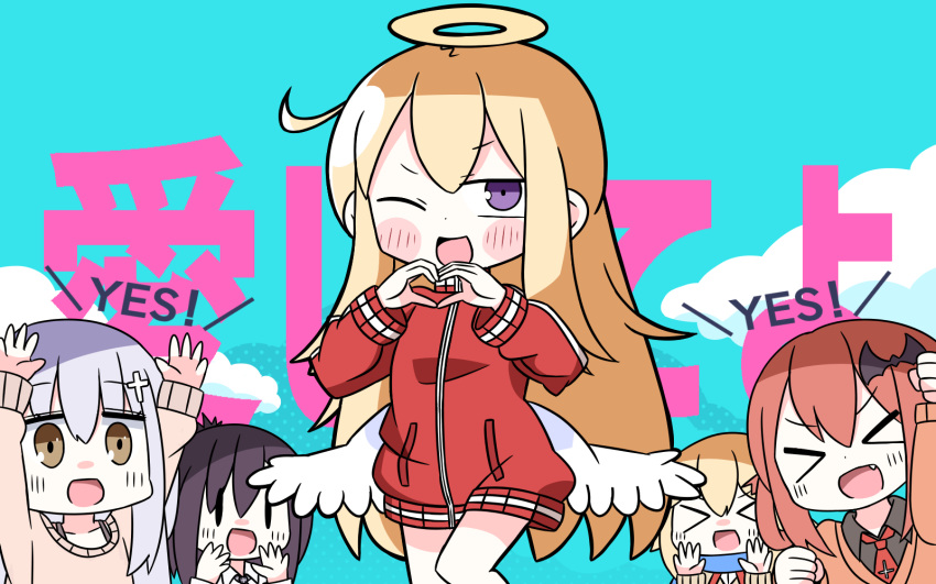 &gt;_&lt; 5girls :&gt; :d ;d angel_wings arms_up background_text bangs bat_hair_ornament black_shirt blonde_hair blush brown_eyes brown_hair brown_sweater chisaki_tapris_sugarbell clenched_hands closed_mouth collared_shirt eyebrows_visible_through_hair gabriel_dropout hair_between_eyes hair_ornament halo hana_kazari hands_up heart heart_hands highres jacket kurumizawa_satanichia_mcdowell long_hair long_sleeves low_wings multiple_girls necktie one_eye_closed open_mouth purple_eyes red_jacket red_neckwear shiraha_raphiel_ainsworth shirt silver_hair sleeves_past_wrists smile sweater tenma_gabriel_white track_jacket translation_request tsukinose_vignette_april v-shaped_eyebrows very_long_hair white_wings wings x_arms xd ||_||