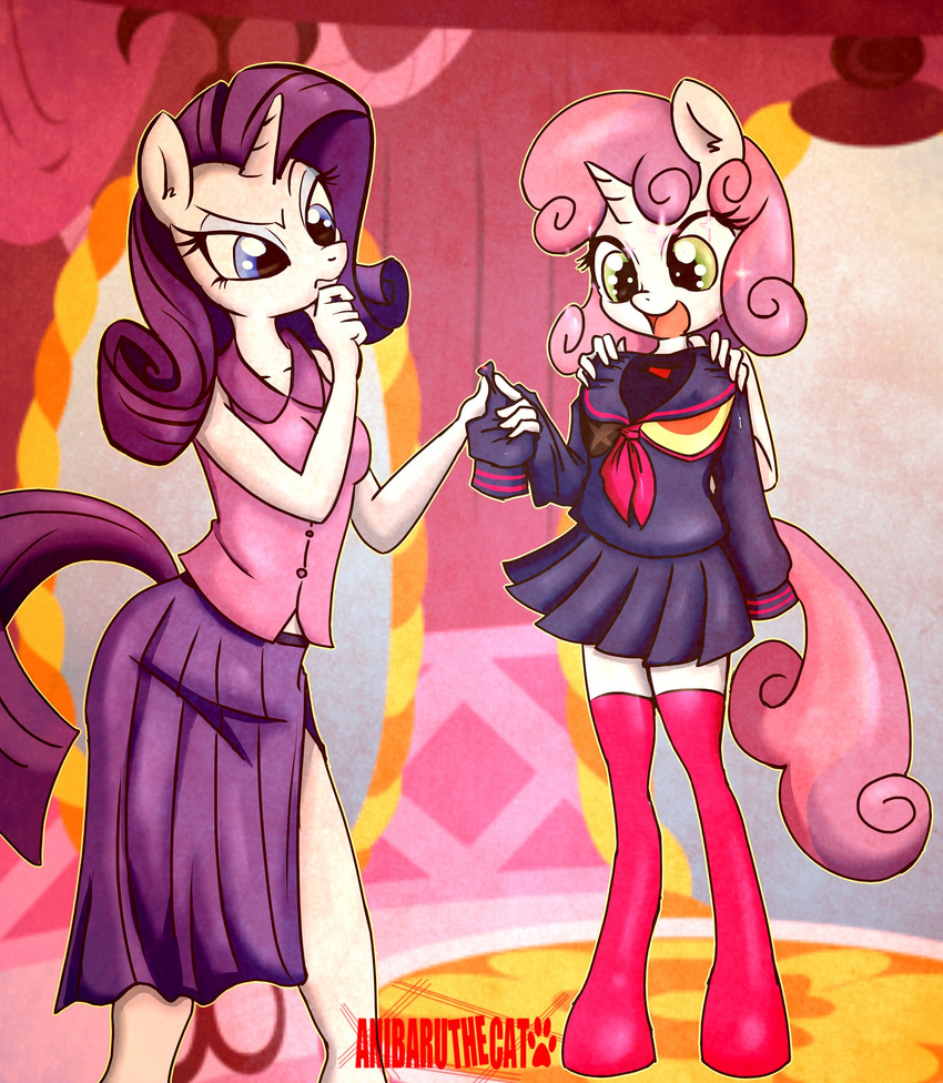 anibaruthecat anthro anthrofied blue_eyes clothing crossover duo equine female friendship_is_magic green_eyes hair happy hi_res holding horn inside kamui kill_la_kill mammal my_little_pony op_mouth open_mouth purple_hair rarity_(mlp) sailor_uniform senketsu skirt smile standing sweetie_belle_(mlp) unicorn uniform white_body