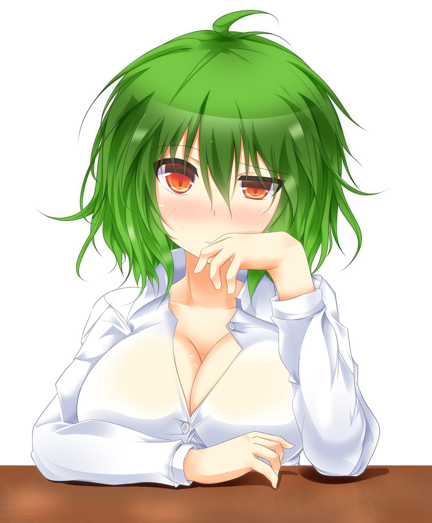 ahoge blush breasts cleavage green_hair hand_to_own_mouth highres kazami_yuuka large_breasts light_smile long_sleeves looking_at_viewer red_eyes shirt solo sweat table touhou transparent_background uneven_eyes upper_body us2s