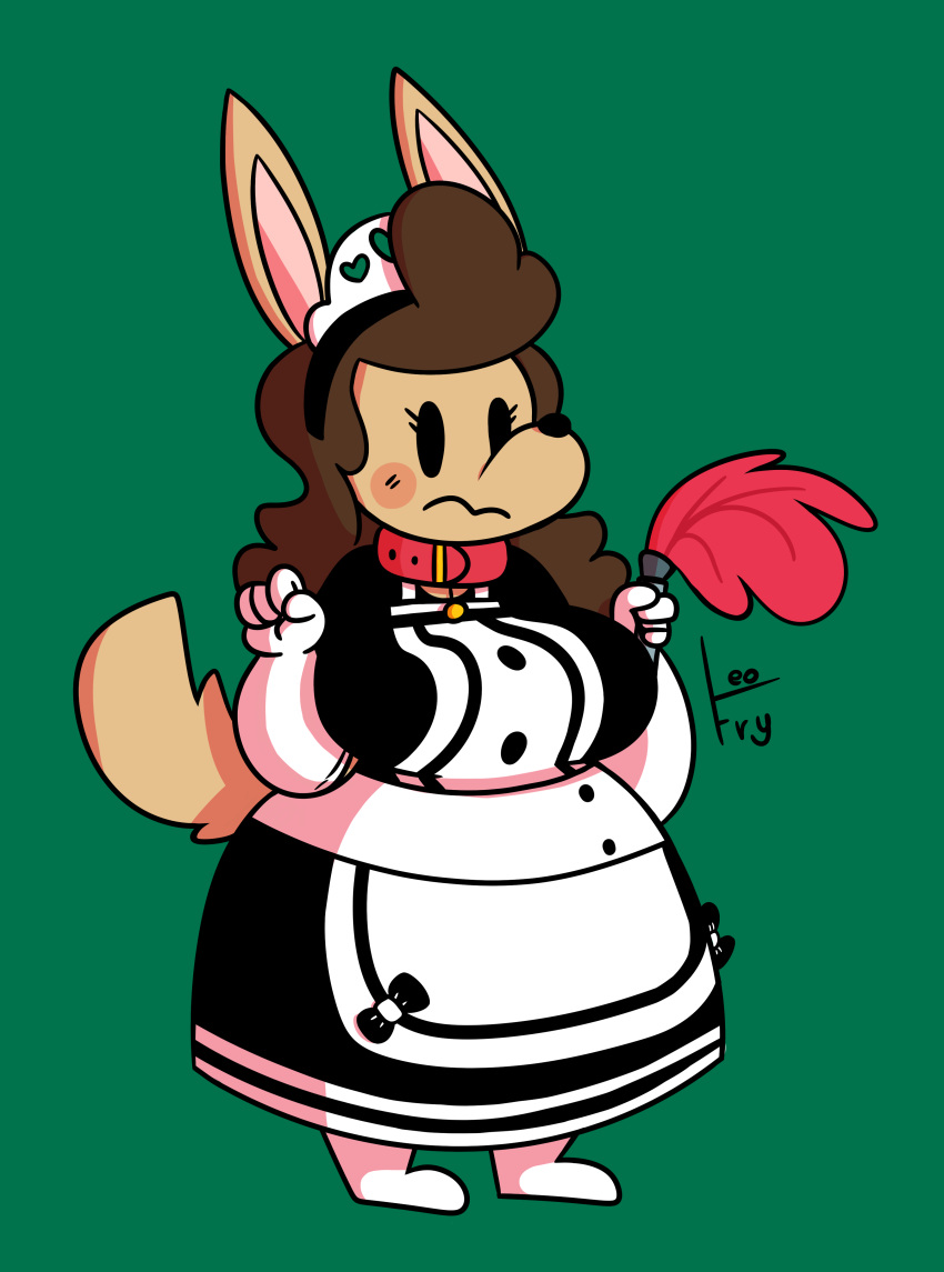 2018 ace_decker anthro big_breasts big_butt biped blush breasts butt canid canine canis clothed clothing collar digital_media_(artwork) dog dress dustpan female fur hair legwear leoafterhours maid_headdress maid_uniform mammal short_stack simple_background solo standing stockings thick_thighs uniform