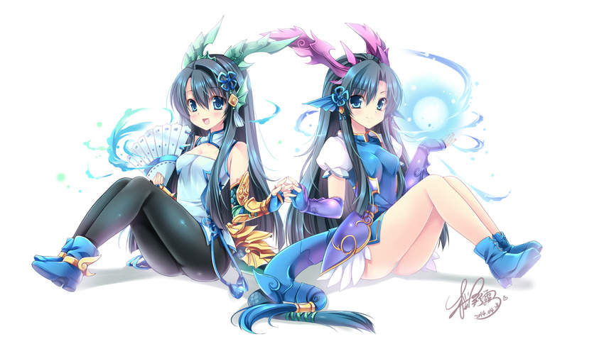 arm_guards artist_name bare_legs black_hair black_legwear blue_eyes blue_footwear boots breasts dated dragon_girl dual_persona fan heart highres karin_(p&amp;d) knees_up medium_breasts monster_girl multiple_girls open_mouth panties pantyhose pantyshot pantyshot_(sitting) puzzle_&amp;_dragons sakurano_tsuyu signature simple_background sitting smile tail underwear white_background white_panties