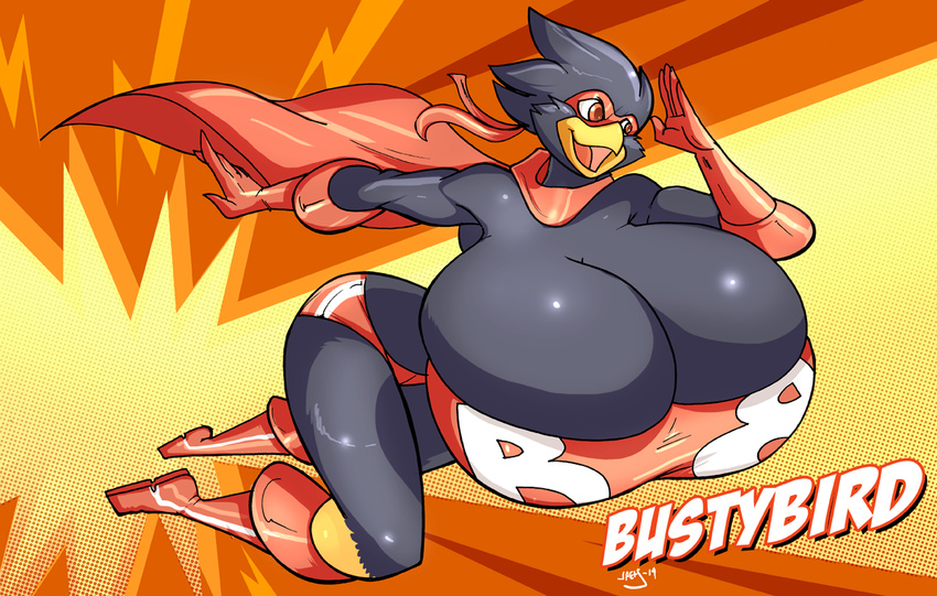 anthro avian beak big_breasts bird bra breasts busty_bird bustybird cape clothed clothing english_text feathers female gloves half-dressed happy headgear huge_breasts hyper jaeh looking_away mask open_mouth raised_arm smile solo superhero text tongue underwear wide_hips
