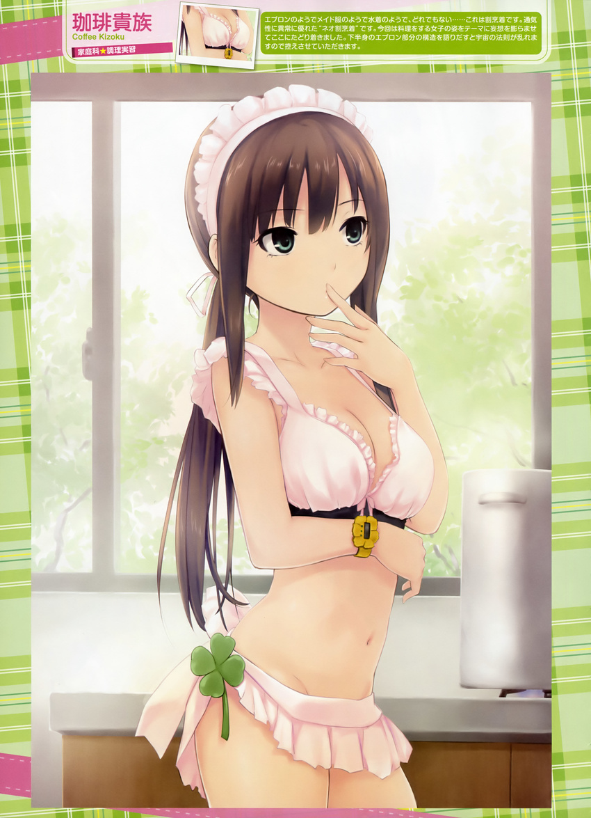absurdres bikini blue_eyes breasts brown_hair cleavage clover coffee-kizoku counter dengeki_moeou finger_to_mouth four-leaf_clover highres long_hair lowleg lowleg_bikini maid_bikini maid_headdress medium_breasts navel solo swimsuit watch window wristwatch