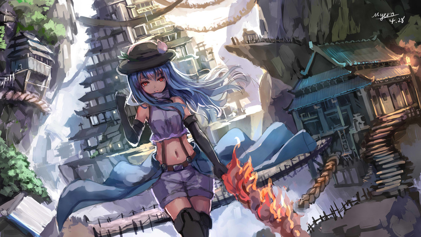 alternate_costume black_gloves blue_hair bridge building city elbow_gloves food fruit gloves hanging_bridge hat highres hinanawi_tenshi long_hair looking_at_viewer midriff myero navel overskirt peach red_eyes shirt shorts signature solo stairs suspenders sword_of_hisou thighhighs touhou wind