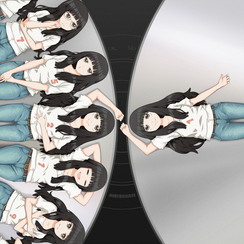 :d belt black_eyes black_hair cd commentary denim fist_bump glasses hand_behind_head highres jeans long_hair multiple_girls multiple_persona number open_mouth original pants smile yajirushi_(chanoma)
