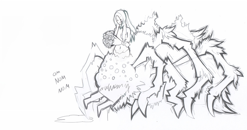 1girl antiheld bad_id bad_tumblr_id bouquet breasts chaos_witch_quelaag dark_souls death eating flower graphite_(medium) hair_over_breasts insect_girl knight long_hair medium_breasts monster_girl nude size_difference sketch smile souls_(from_software) spider_girl traditional_media vore