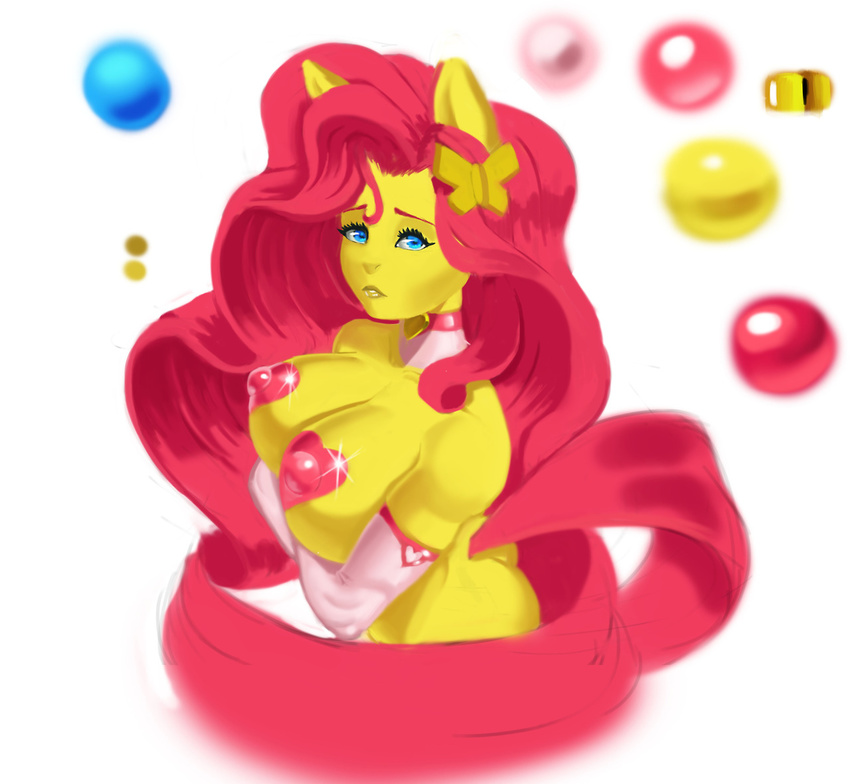 anthro anthrofied blue_eyes breasts dclzexon elbow_gloves equine female fluttershy_(mlp) friendship_is_magic gloves hair long_hair mammal my_little_pony nipple_tape pink_hair solo yellow_body