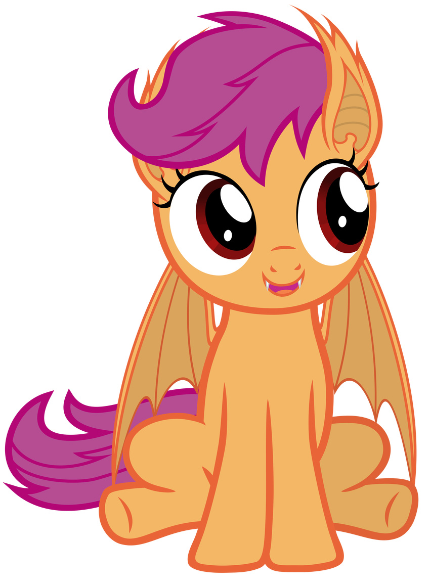alpha_channel animal_ears bat_pony cub cute equine fangs female feral friendship_is_magic fur hair hi_res magister39 mammal my_little_pony open_mouth orange_fur plain_background pointy_ears purple_hair red_eyes scootaloo_(mlp) sitting smile solo tongue transparent_background vampire wings young