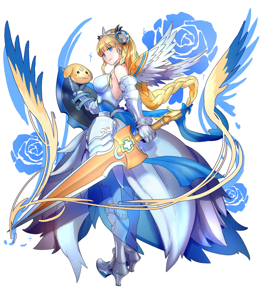 armor armored_dress bare_shoulders blonde_hair blue_eyes braid familiar faulds feathered_wings full_body gauntlets greaves halterneck highres imari long_hair puzzle_&amp;_dragons shield shynee_(p&amp;d) solo sword tri_braids valkyrie_(p&amp;d) very_long_hair water_valkyrie_(p&amp;d) weapon wings