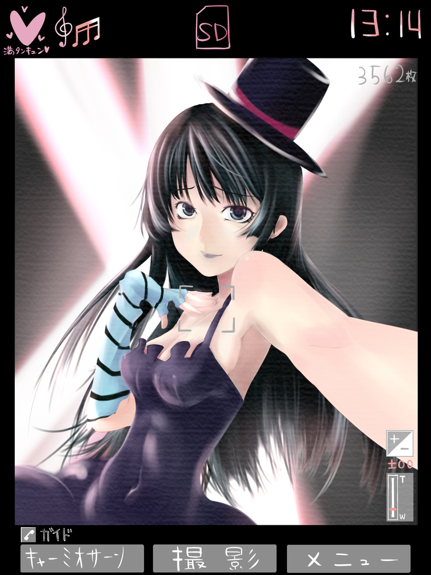 akiyama_mio bad_id bad_pixiv_id bangs black_eyes black_hair black_maria blunt_bangs breasts cleavage don't_say_"lazy" dress elbow_gloves fingerless_gloves gloves hat highres hime_cut k-on! lipstick long_hair makeup medium_breasts mini_hat mini_top_hat solo striped top_hat translation_request