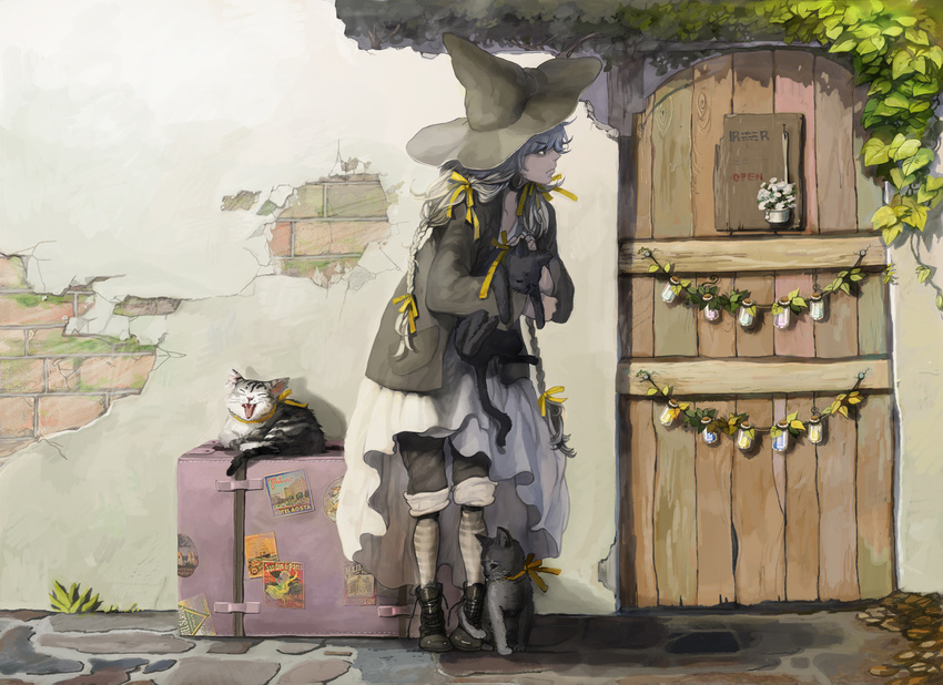 bad_id bad_pixiv_id black_cat braid brick cat door grey_hair hat highres hong_yun_ji long_hair original socks solo striped striped_legwear suitcase wall witch witch_hat