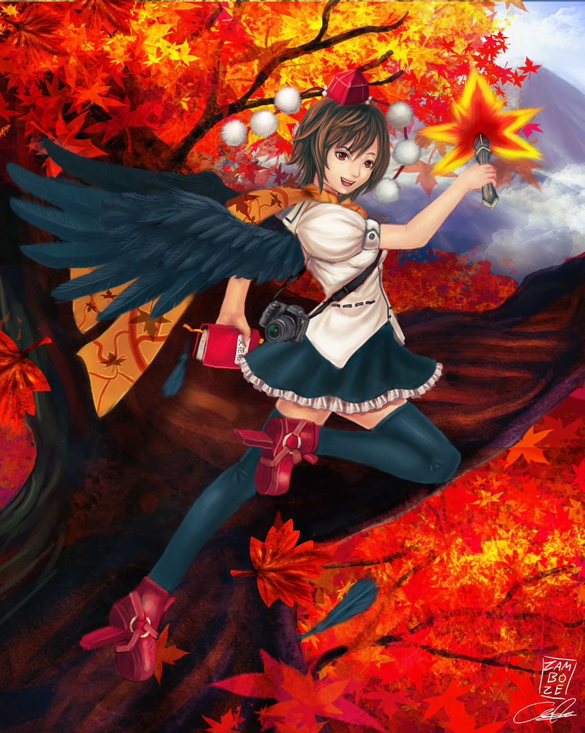 black_legwear black_wings brown_hair camera fan geta hat highres looking_at_viewer open_mouth red_eyes shameimaru_aya short_hair skirt smile solo tengu-geta thighhighs tokin_hat touhou wings zamboze