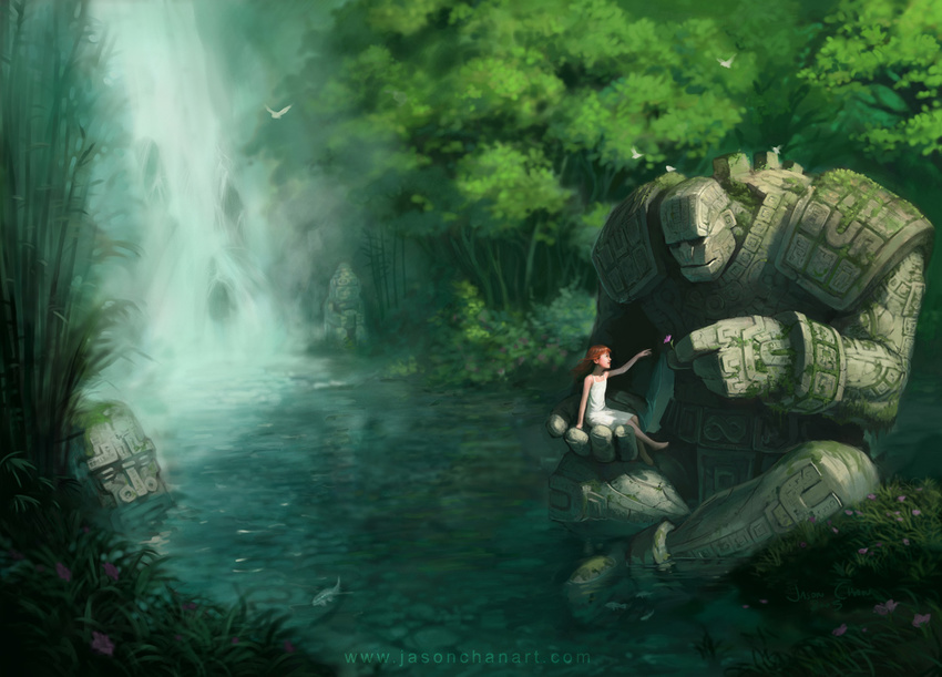 barefoot copyright_request dress golem jason_chan long_hair nature red_hair size_difference tree water waterfall white_dress