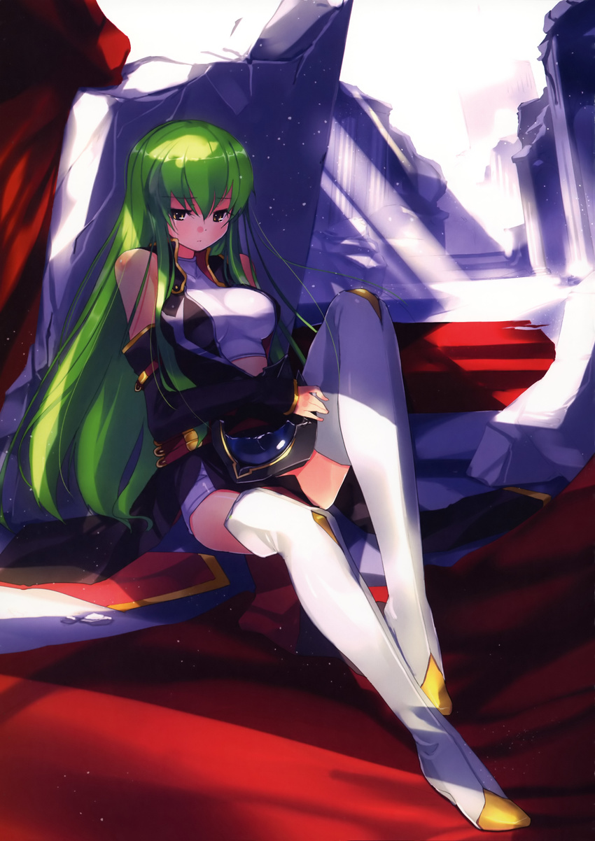 absurdres bare_shoulders boots breasts c.c. code_geass green_hair highres large_breasts legs long_hair long_legs refeia ruins solo tears thigh_boots thighhighs thighs white_legwear yellow_eyes