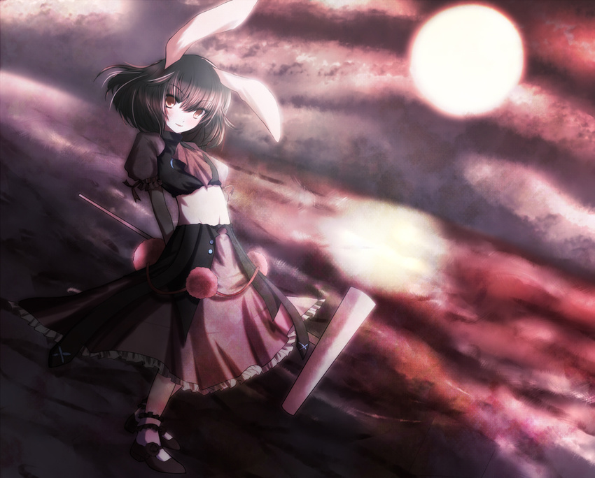 alternate_costume animal_ears bad_id bad_pixiv_id brown_hair bunny_ears full_moon inaba_tewi kine mallet moon non_(nobu) reflection short_hair socks solo striped striped_legwear touhou