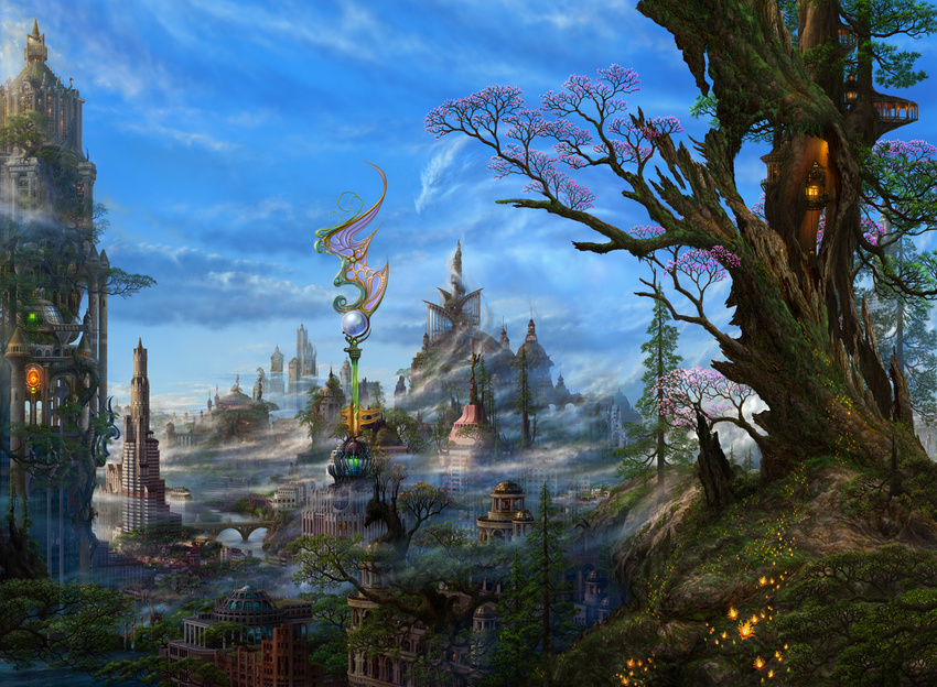 bad_pixiv_id city cityscape cloud day dragon fantasy flower no_humans original scenery sky tree treehouse uchio_kazumasa