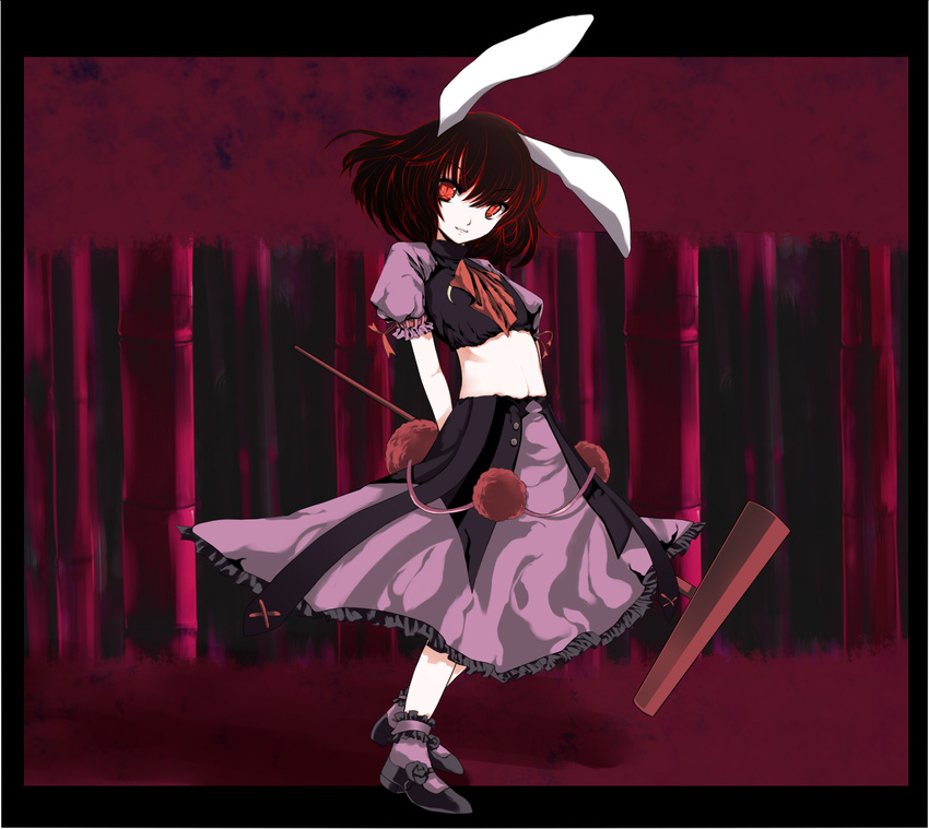 alternate_costume animal_ears arms_behind_back atoshi black_hair bunny_ears crop_top hammer highres inaba_tewi kine mallet mary_janes midriff red_eyes red_hair shoes short_hair skirt slit_pupils smile solo standing touhou