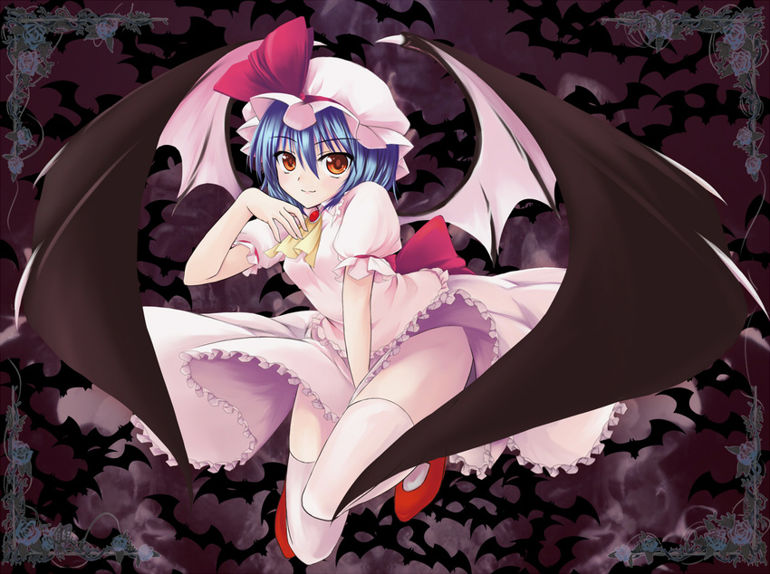 bat_wings between_legs blue_hair floating frame hand_between_legs hand_on_own_chest hat legs orange_eyes remilia_scarlet short_hair smile solo thighhighs touhou utakata_(kochou_no_yume) wings