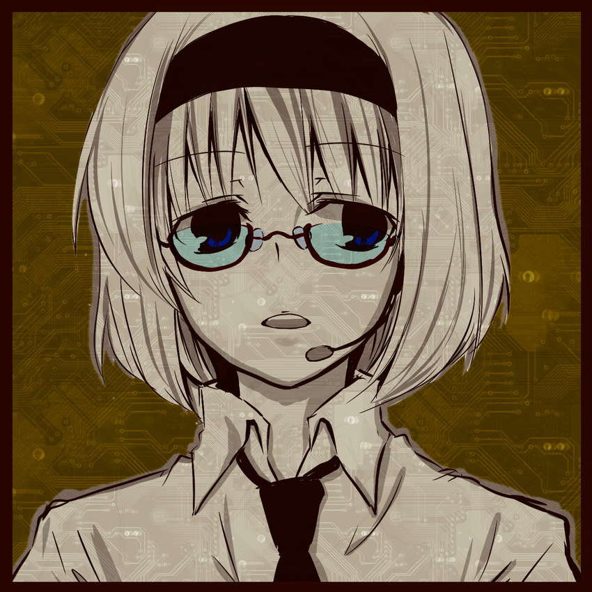 alice_margatroid bad_id bad_pixiv_id bespectacled blue_eyes glasses grey_hair headset highres monochrome necktie short_hair solo spot_color touhou yjy