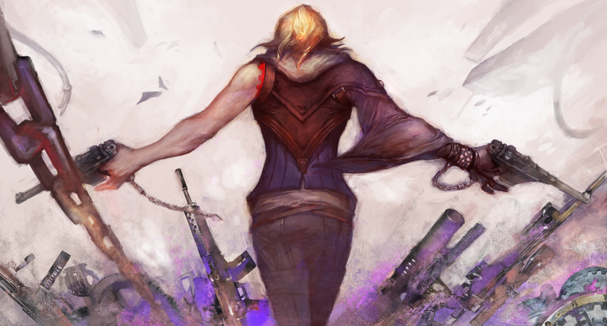 androgynous bad_id bad_pixiv_id bare_arms bare_shoulders blonde_hair chain chang cowboy_shot dual_wielding facing_away finger_on_trigger from_behind gears gun handgun holding looking_back medium_hair original outstretched_arms pants rifle single_sleeve sleeveless solo standing weapon weapon_request wide_sleeves