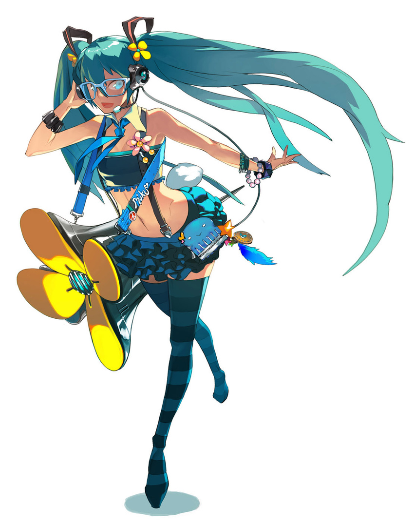 bad_id bad_pixiv_id bandeau bespectacled blue_eyes blue_hair bunny_tail flat_chest frills glasses hatsune_miku headphones highres long_hair lucy_(bechoco) midriff necktie skirt solo strapless striped striped_legwear suspenders tail thighhighs tubetop twintails vocaloid zettai_ryouiki