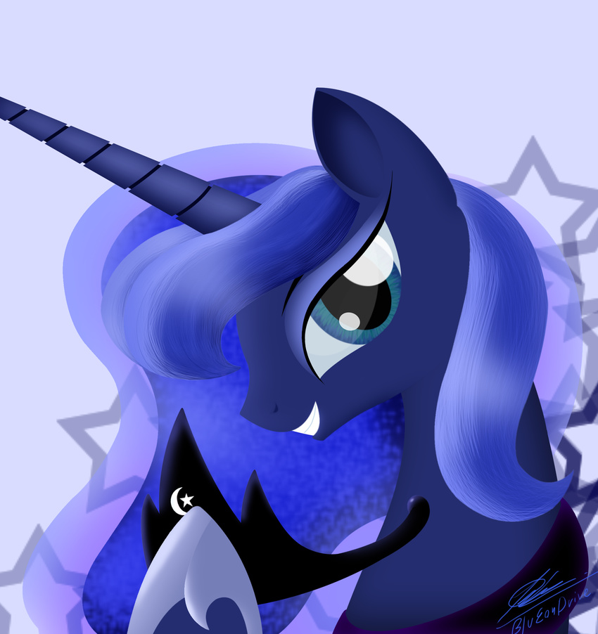 absurd_res blue_eyes blue_hair blumagpie crown equine female friendship_is_magic hair hi_res horn looking_at_viewer mammal moon my_little_pony necklace portrait princess_luna_(mlp) smile solo sparkles star winged_unicorn wings