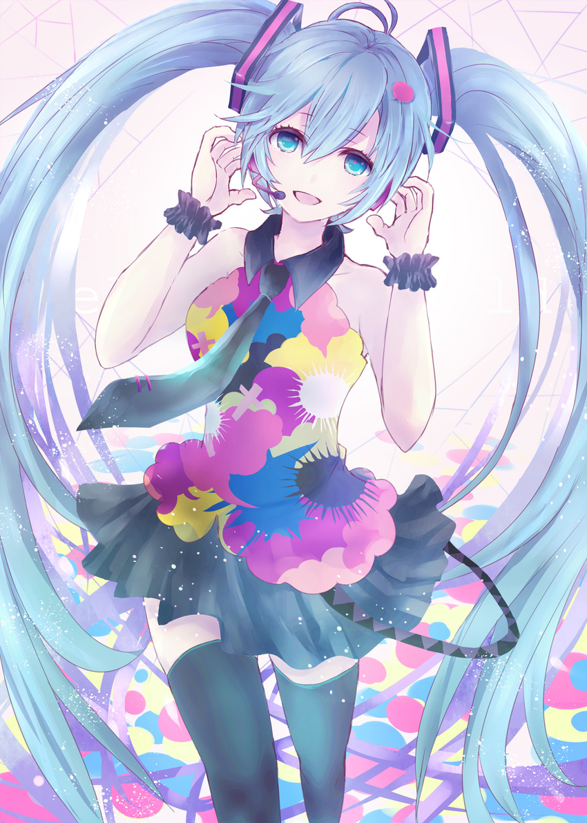 alicetype blue_eyes blue_hair hatsune_miku headset highres long_hair necktie skirt solo tell_your_world_(vocaloid) thighhighs twintails very_long_hair vocaloid