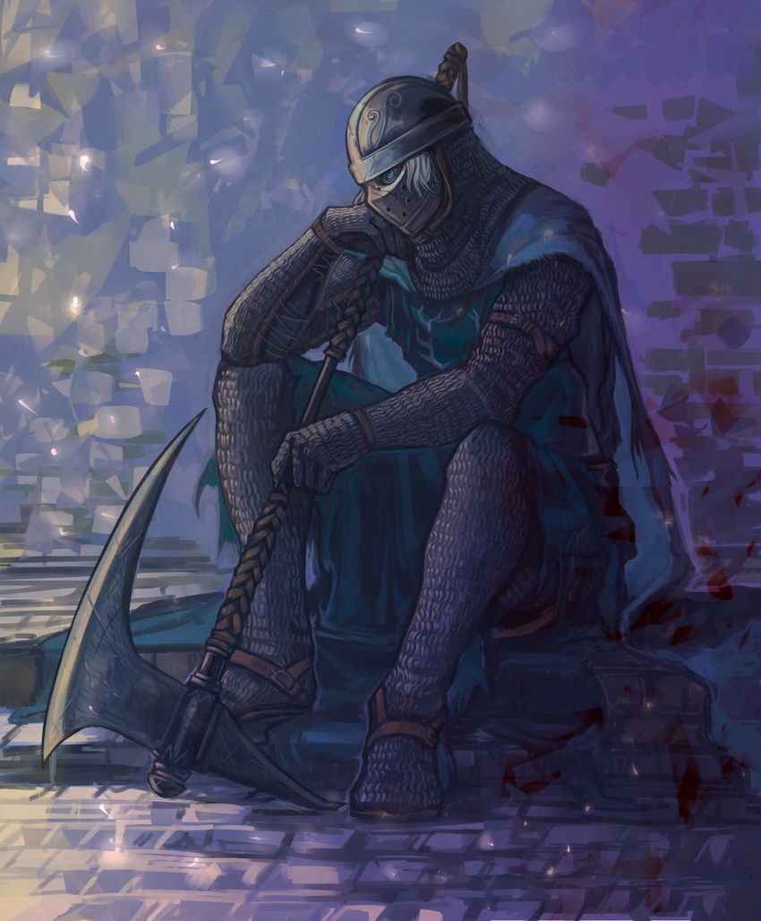 aureolin31 axe bad_id bad_pixiv_id belt blue_eyes cape chainmail creighton_of_mirrah dark_souls_ii helmet highres male_focus mask sitting souls_(from_software) surcoat weapon