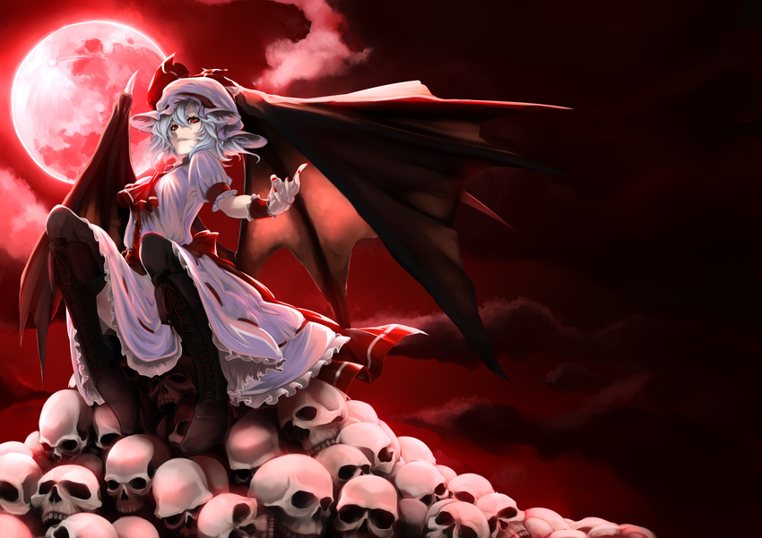 ascot bat_wings black_legwear blue_hair boots cloud cross-laced_footwear dress frilled_dress frills from_below full_moon hat hat_ribbon highres large_wings looking_at_viewer looking_down mob_cap moon outstretched_arm pile_of_skulls red_eyes red_moon red_sky remilia_scarlet ribbon short_hair shukusuri sitting skull sky solo thighhighs touhou wings wristband