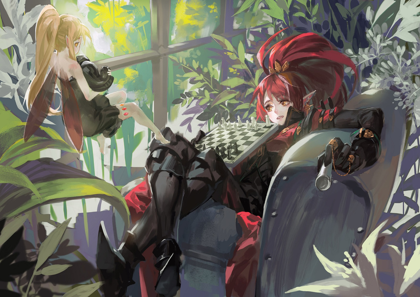 alcd armor armored_boots blonde_hair board_game boots chain chess chess_piece chessboard couch crossed_legs dress earrings fairy fairy_wings highres jewelry long_hair multiple_girls open_mouth pixiv_fantasia pixiv_fantasia_fallen_kings pointy_ears ponytail red_hair sitting smile thighhighs wings yellow_eyes