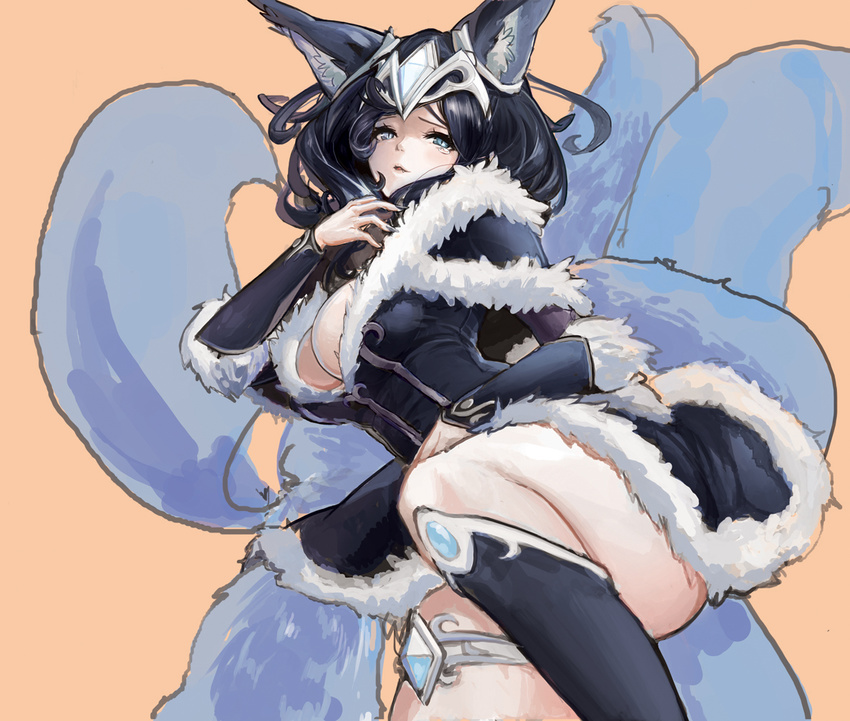 :d ahri alternate_costume alternate_eye_color alternate_hair_length alternate_hairstyle animal_ears black_dress black_hair blue_eyes boots breasts cleavage dmdkrxmrrmq dress fingernails fox_ears fox_tail from_side fur_trim gem helmet knee_boots large_breasts league_of_legends long_fingernails looking_at_viewer midnight_ahri multiple_tails nail_polish open_mouth orange_background short_hair simple_background sketch smile solo tail thighlet
